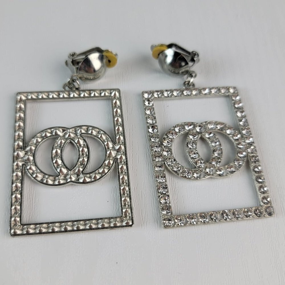 Vintage Clear Crystal Double Circle Rectangle Statement Earrings Clip-On 2 Inch